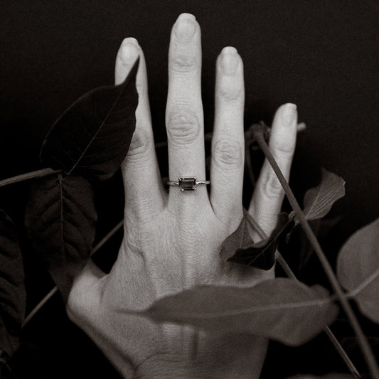 Hand with a ring on a dark background with leaves