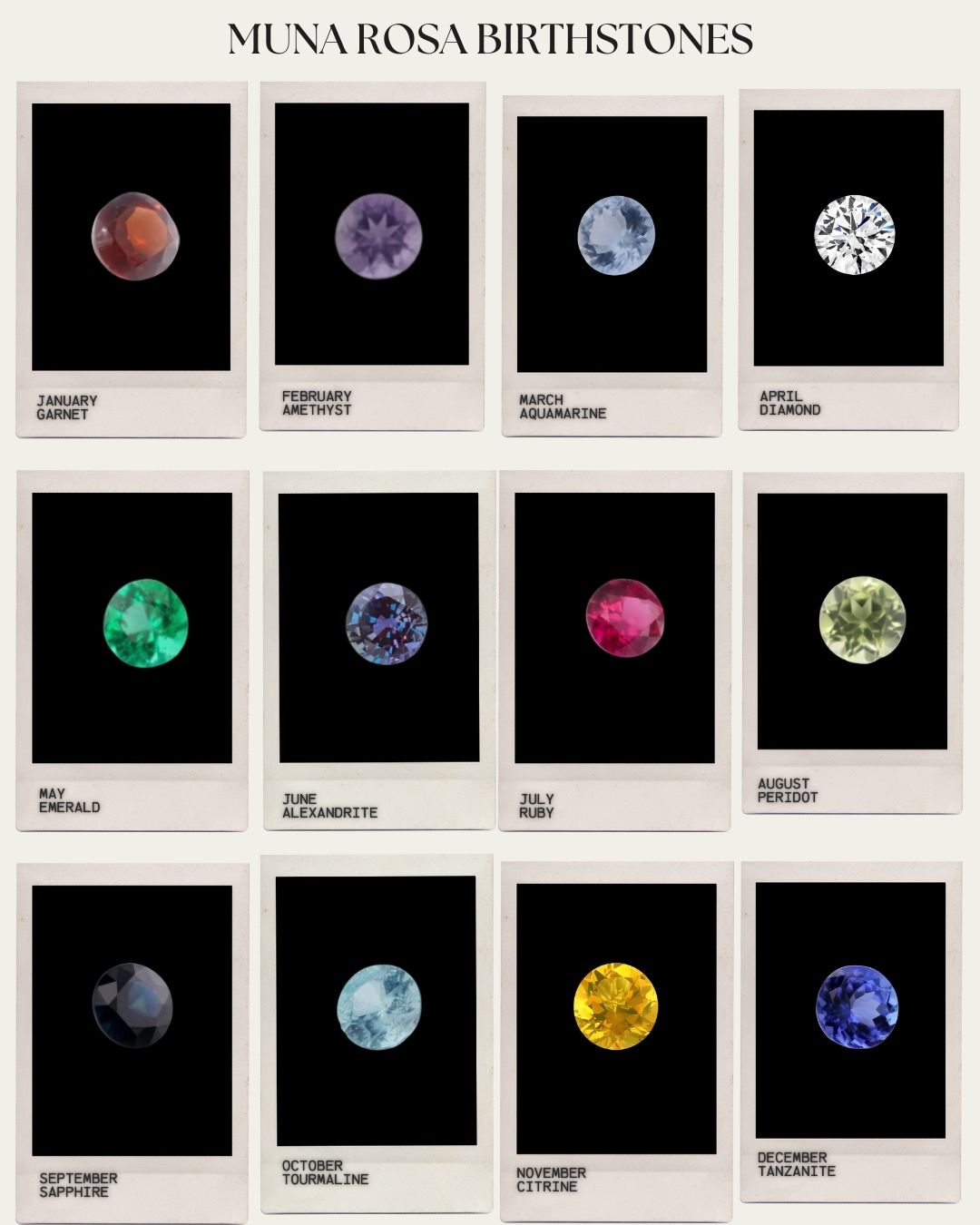 Grid of birthstones corresponding to each month.