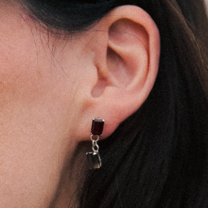 Close-up of an ear wearing a dangling earring with a red gemstone.