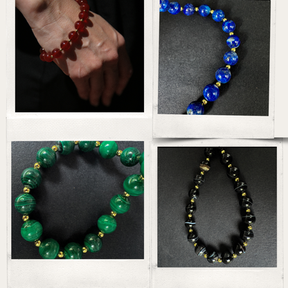 Collage of four beaded bracelets in different colors on a dark background