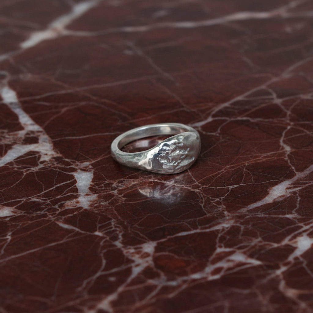 Silver ring on a light gray background