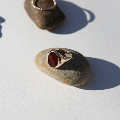 Two pebbles with embedded jewelry on a light background